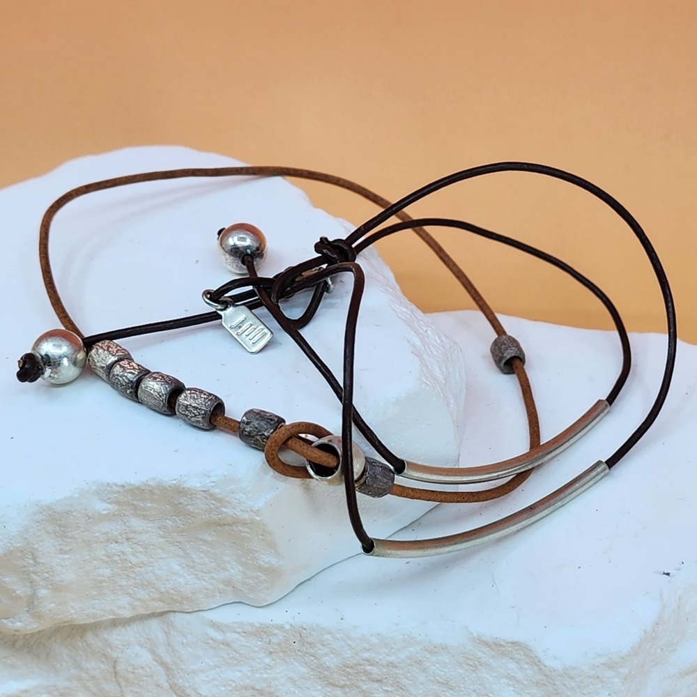 J. Jill Set of 2 Leather Cord Bracelets Silver Tone Beads Brown Tan Boho Boho